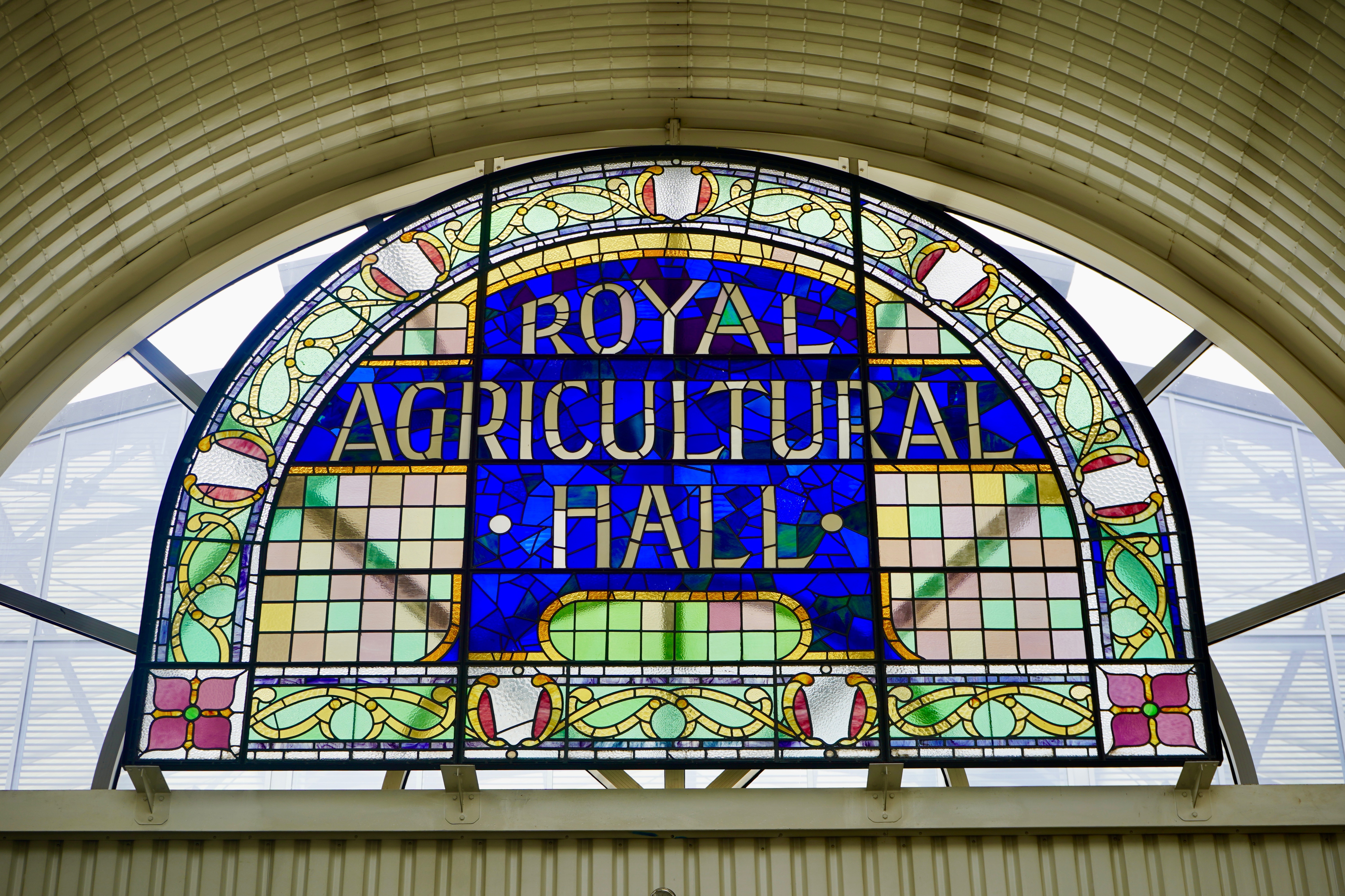 Stained glass window showing previous use of Business Design Centre